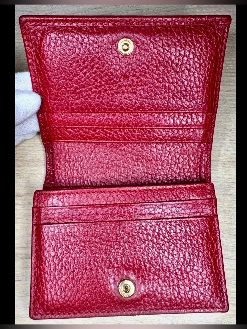 Gucci Red Pebbled Leather Card Holder with Gold Double G Hardware